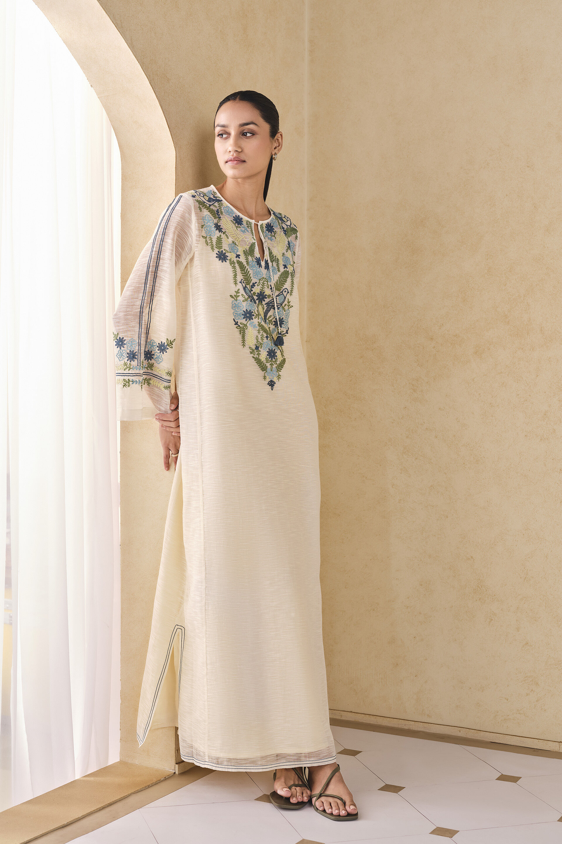 Ebonique Hand-embroidered SEWA Mul Kaftan - Ivory, Ivory, image 4